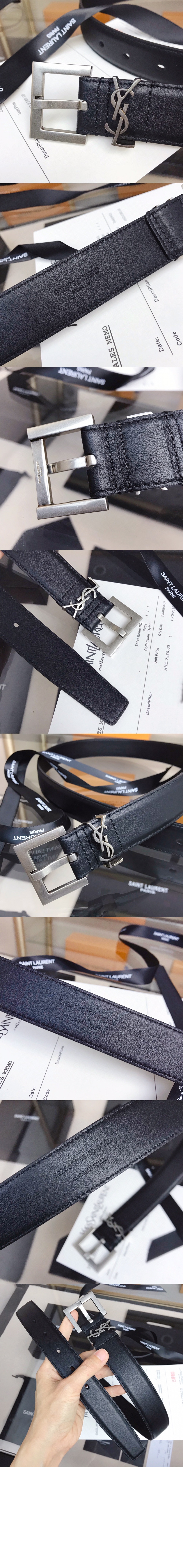 부드러운 가죽 소재의 스퀘어 버클 모노그램 벨트 634437 > 생로랑