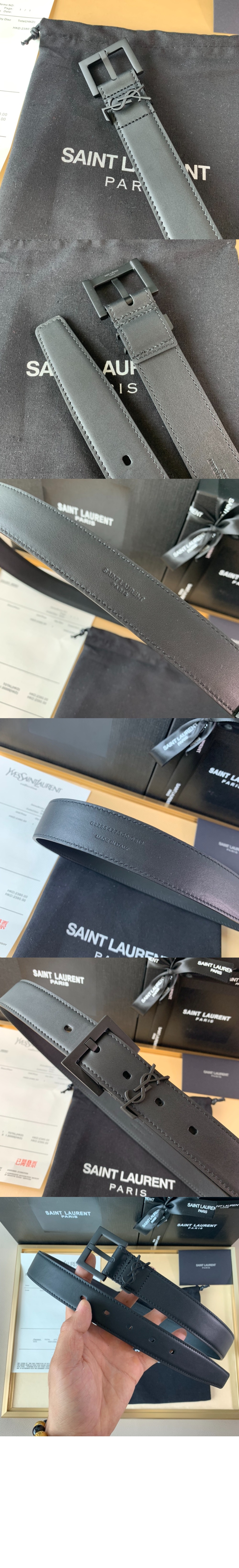 스퀘어 버클을 장식한 유광 박스 생 로랑 가죽 소재의  벨트 634437 > 생로랑