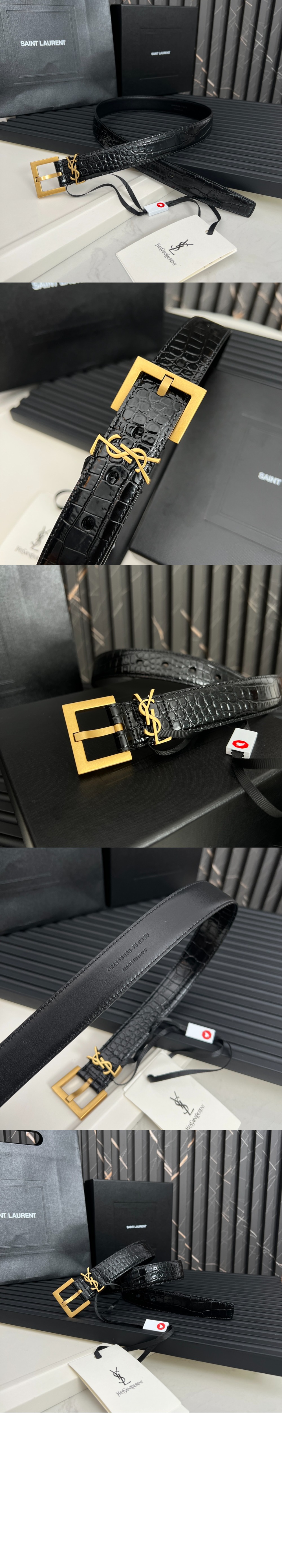 스퀘어 버클을 장식한 유광 크로커다일 엠보스드 가죽 소재의  벨트 634437 > 생로랑