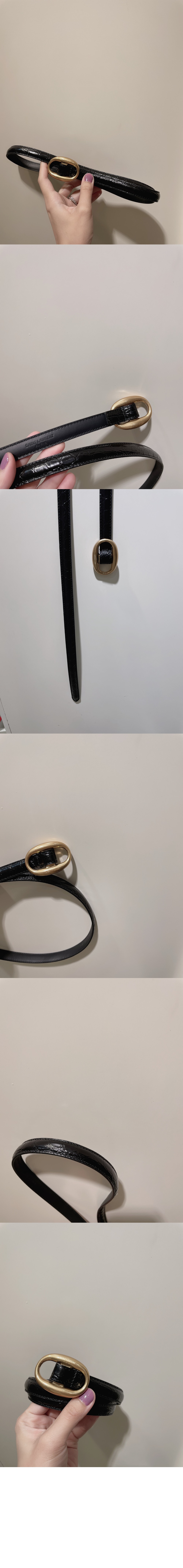 부드러운 가죽 소재의 타원형 버클 슬림 벨트 756409 > 생로랑