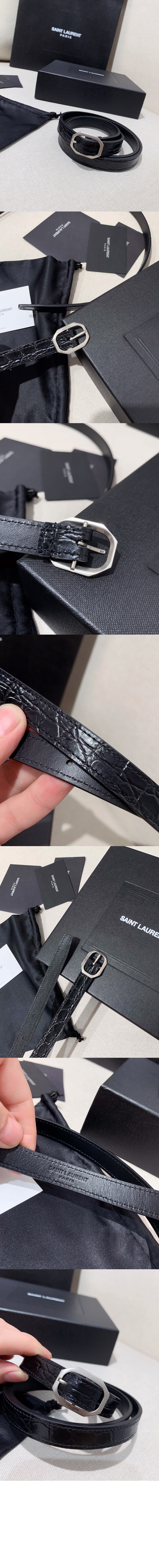 크로커다일 엠보스드 가죽 소재의 프레임 버클 슬림 벨트 732560 > 생로랑