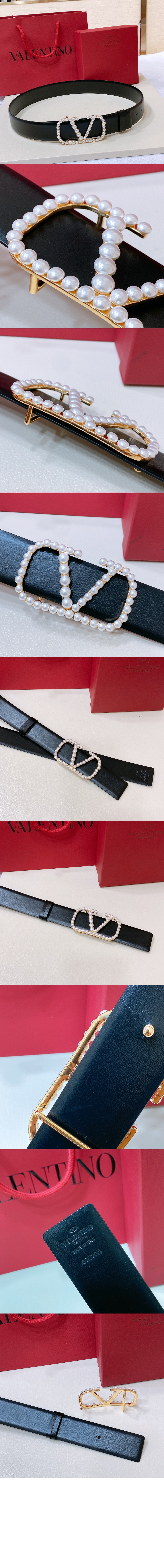 진주 광택이 있는 송아지 가죽 벨트 > 발렌티노