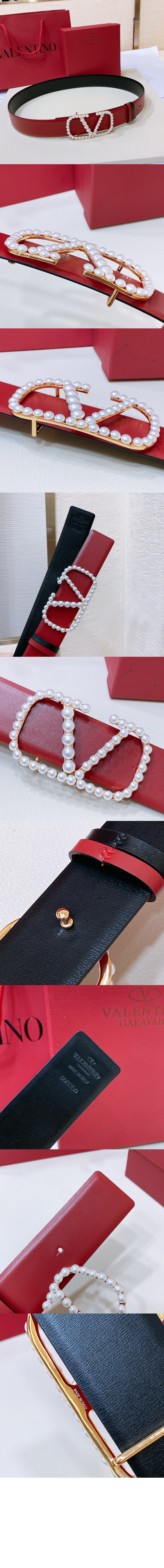 진주 광택이 있는 송아지 가죽 벨트 > 발렌티노