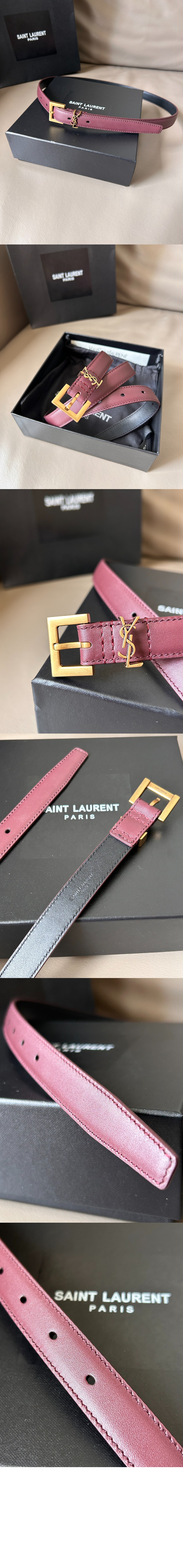 래커 처리된 가죽 소재의 CASSANDRE 스퀘어 버클 장식 얇은 벨트 554465 > 생로랑