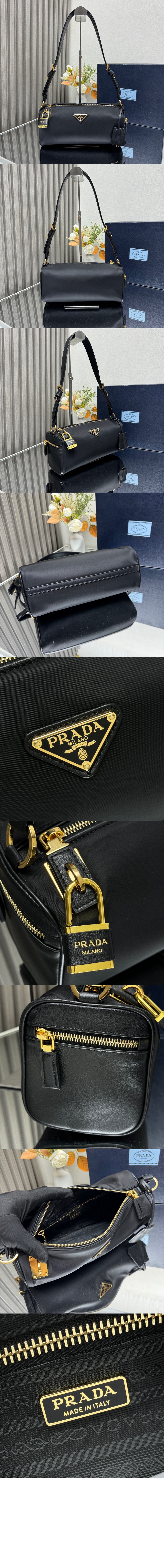 자물쇠가 있는 미디엄 리나일론 및 가죽 숄더백 1BC233 > Re-Nylon - 리나일론