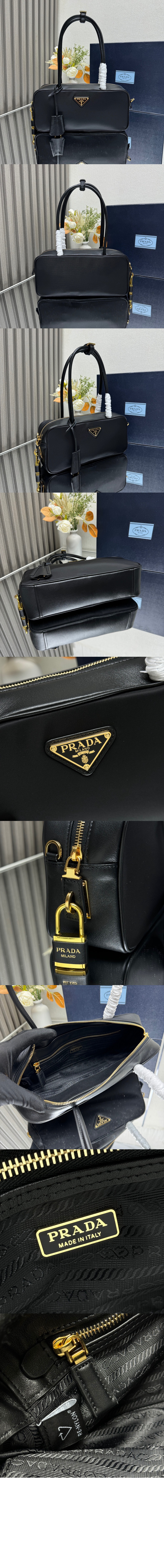 자물쇠가 있는 스몰 리나일론 및 가죽 탑 핸들백 1BB133 > Re-Edition - 리에디션