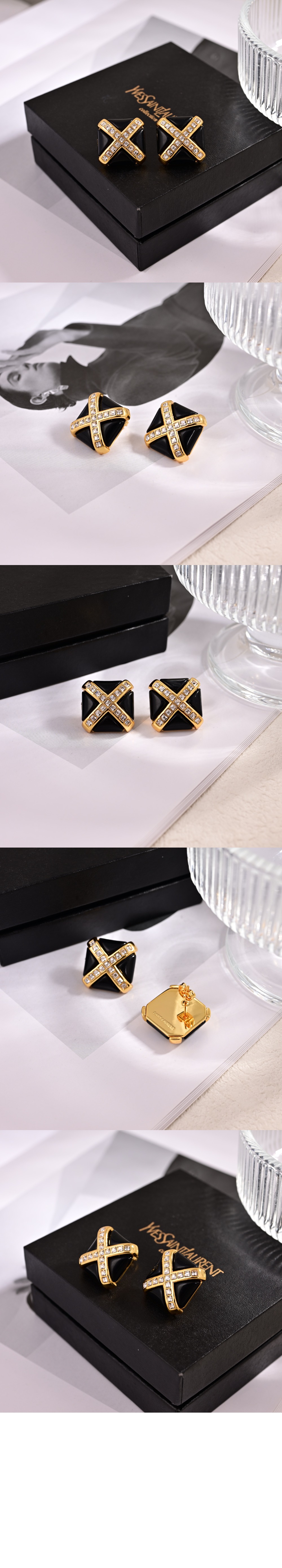 레진과 메탈 소재의 크리스탈 크로스 이어링 805022 > 생로랑