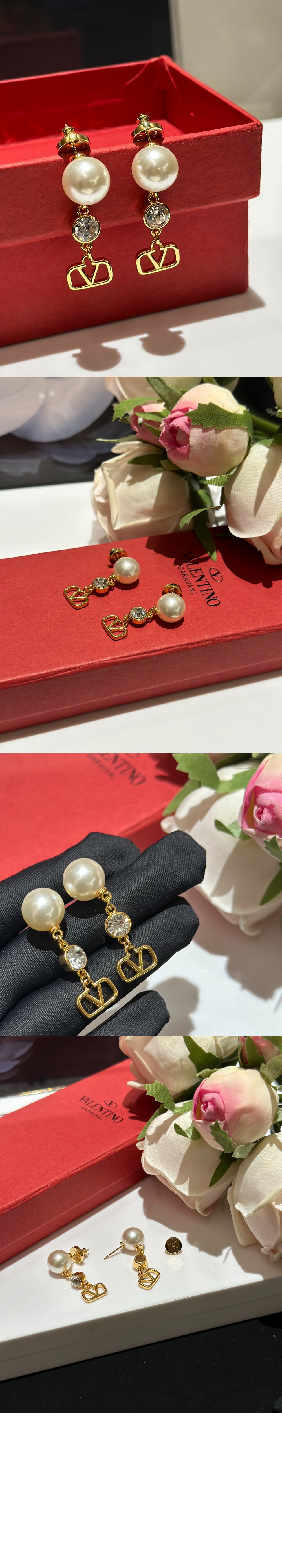 크리스털 장식 브이로고 시그니처 이어링 > 발렌티노