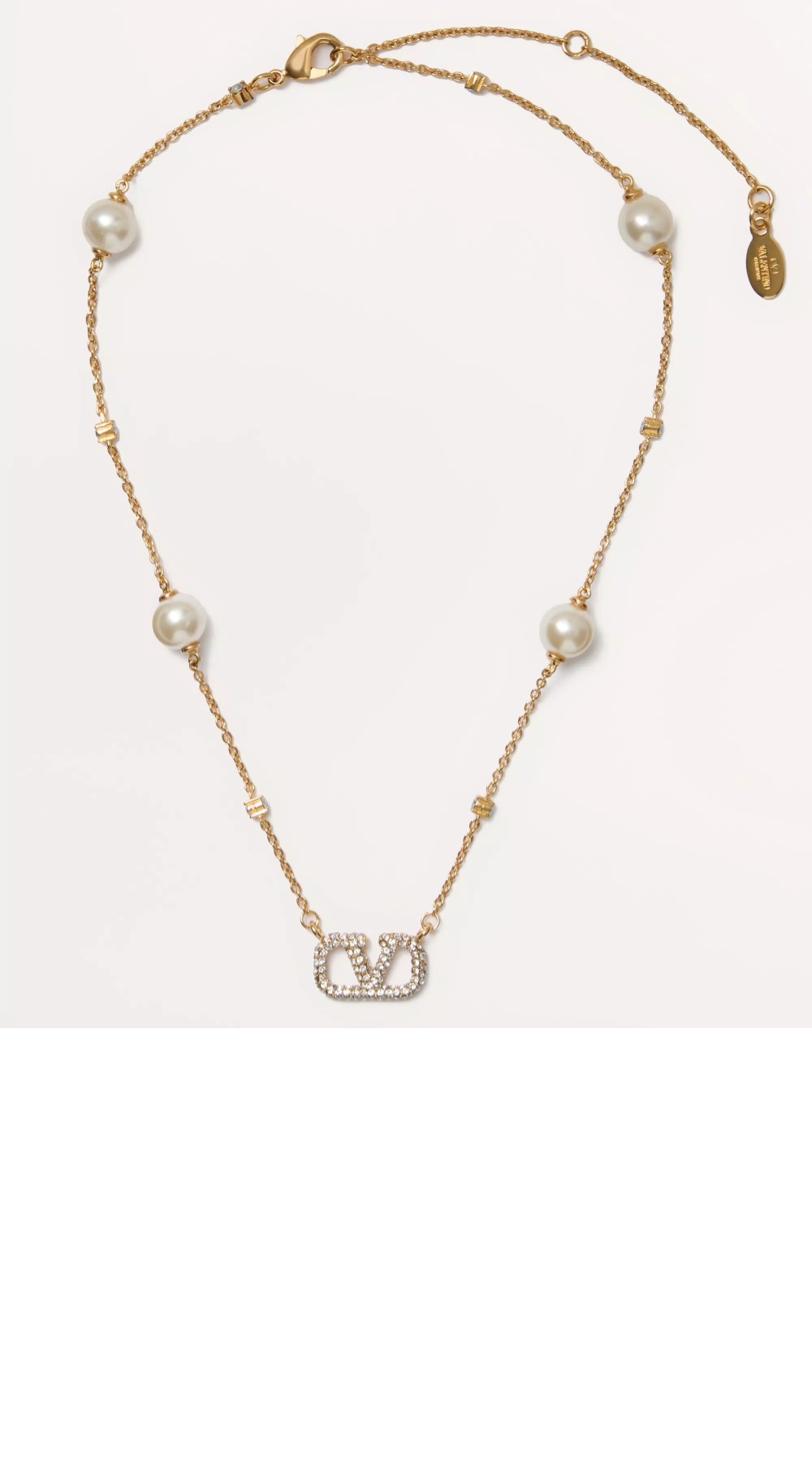 크리스털 및 진주 장식 브이로고 시그니처 메탈 네크리스 > 발렌티노