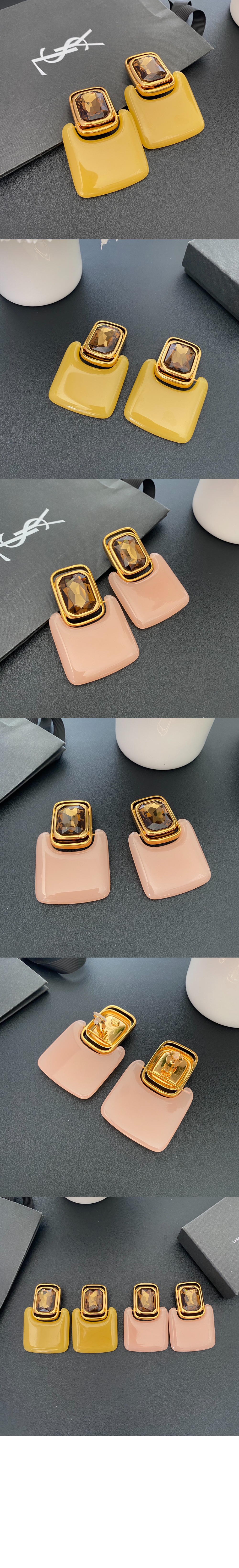 레진과 메탈 소재의 카보숑 스퀘어 이어링  800770 > 생로랑