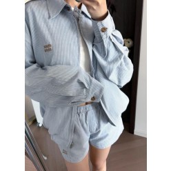 미*** 25 자수로고 블루 스트라이프 데님 자켓 반바지 세트  수입