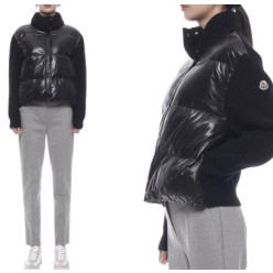 로고패치 패딩 레이어드 하이넥 여성 니트 집업