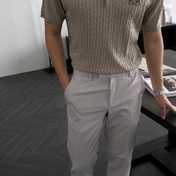 로** 비스코스 케이블 단추 카라 니트반팔