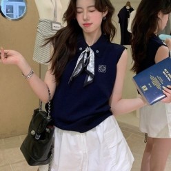 로** 스카프 타이 카라 니트 나시