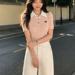 셀** 배색카라 꽈배기 반팔니트