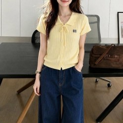 미*** 물결카라 버튼 리본니트