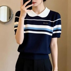 미*** 배색카라 스트라이프 반팔 니트