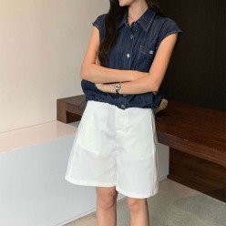 셀** 드로우스트링 크롭 데님 슬리브리스 셔츠