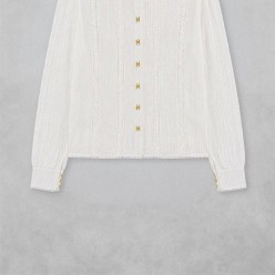 셀** 트리옹프 골드 버튼 화이트 펀칭 레이스 롱 슬리브 셔츠