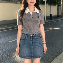 셀** 배색카라 꽈배기 반팔니트