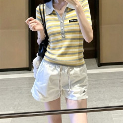 미*** 로고 패치 스트라이프 오픈 폴로 스웨터