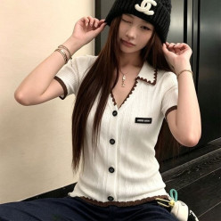미*** 브라운 배색 카라 오픈 폴로 스웨터 가디건