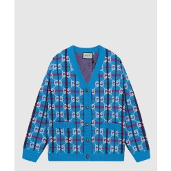 GG 로고 체크 소프트 울 브이넥 가디건