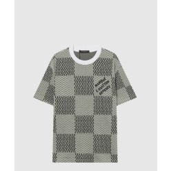 자카드 다미에 쇼트 슬리브드 코튼 크루넥