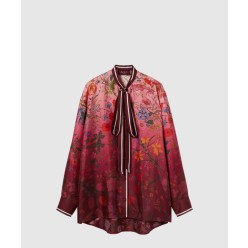 목 리본 프린트 실크 셔츠