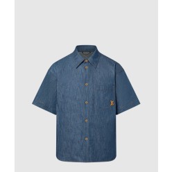 쇼트 슬리브드 코튼 샴브레이 셔츠